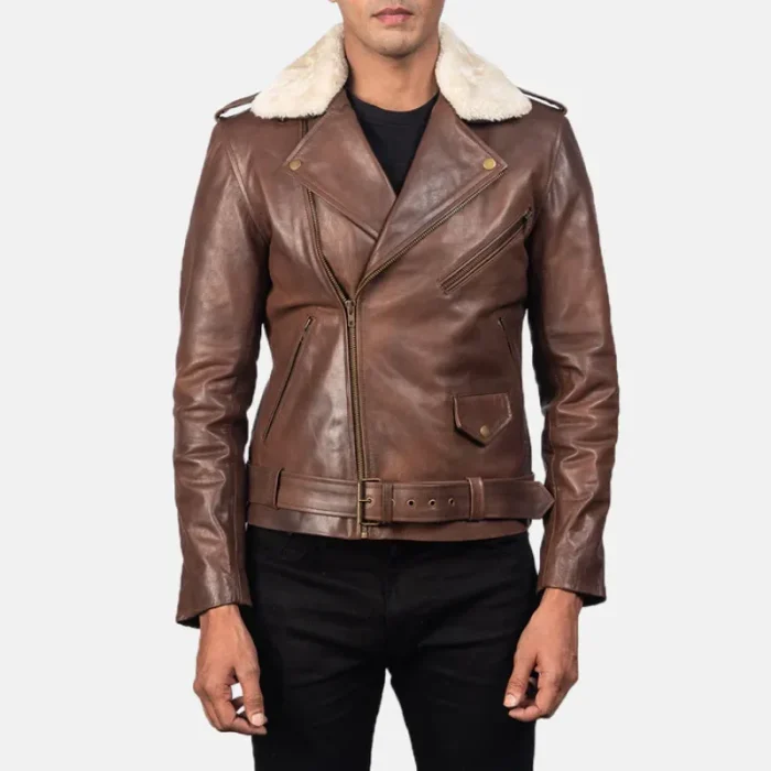 Brown Cowhide Leather Biker Jacket For Men Front View