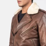 Brown Cowhide Leather Biker Jacket For Men Close Up