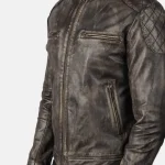 Men's Distressed Brown Goatskin Leather Biker Jacket Close Up View