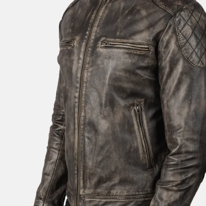 Men'S Distressed Brown Goatskin Leather Biker Jacket Close Up View