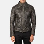 Men's Distressed Brown Goatskin Leather Biker Jacket Front View