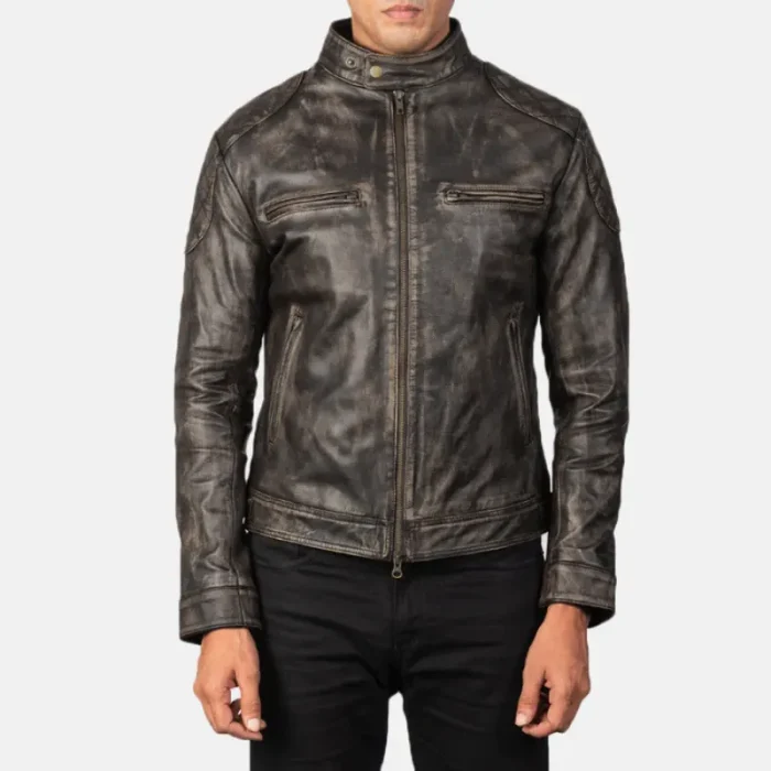 Men'S Distressed Brown Goatskin Leather Biker Jacket Front View