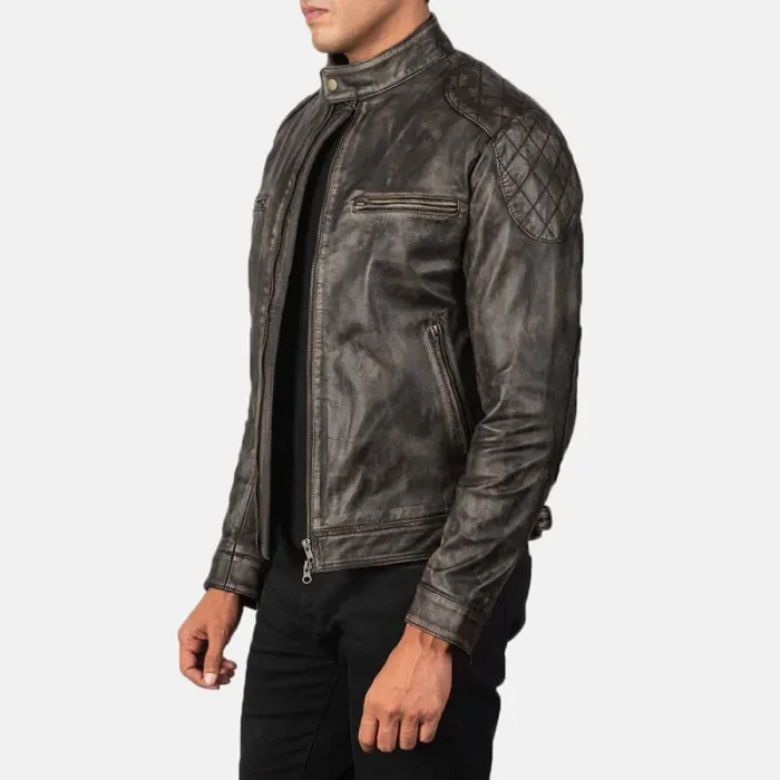 Men'S Distressed Brown Goatskin Leather Biker Jacket Side View