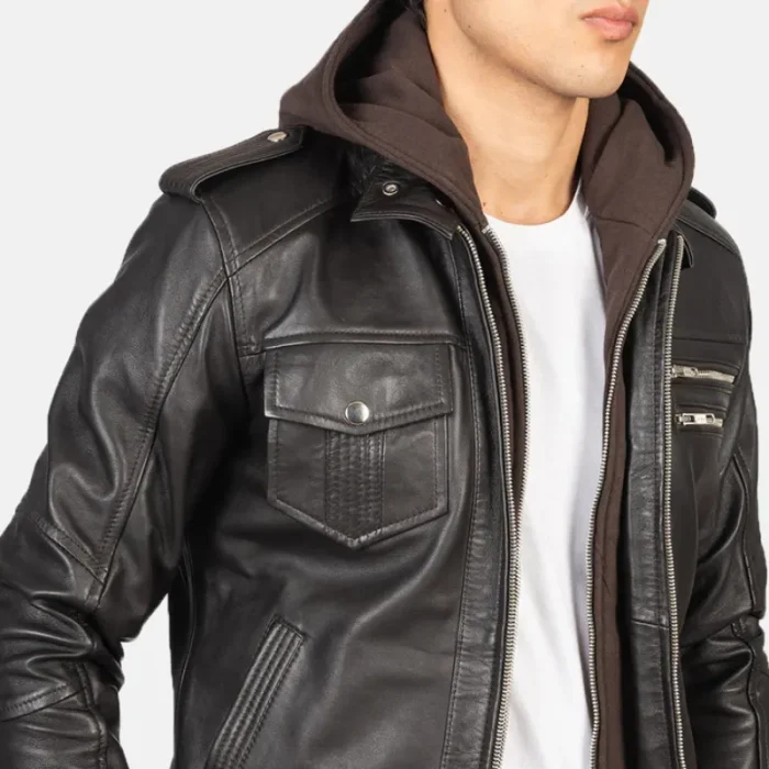 Brown Men'S Leather Hooded Bomber Jacket Close Up