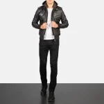Men's Black/Brown Leather Hooded Bomber Jacket