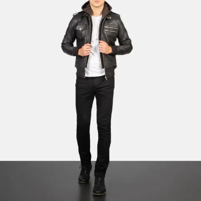 Men'S Black/Brown Leather Hooded Bomber Jacket