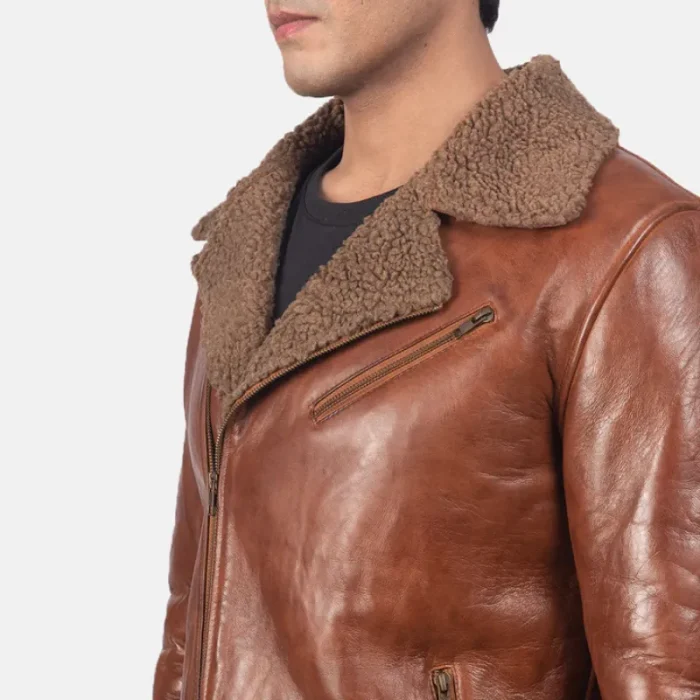 Brown Sheepskin Leather Biker Jacket For Men Close View