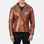 Brown Sheepskin Leather Biker Jacket For Men Front View