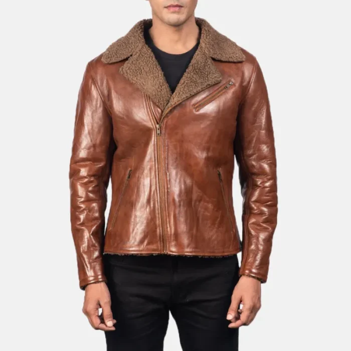 Brown Sheepskin Leather Biker Jacket For Men Front View