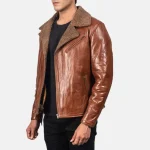 Brown Sheepskin Leather Biker Jacket For Men Side View