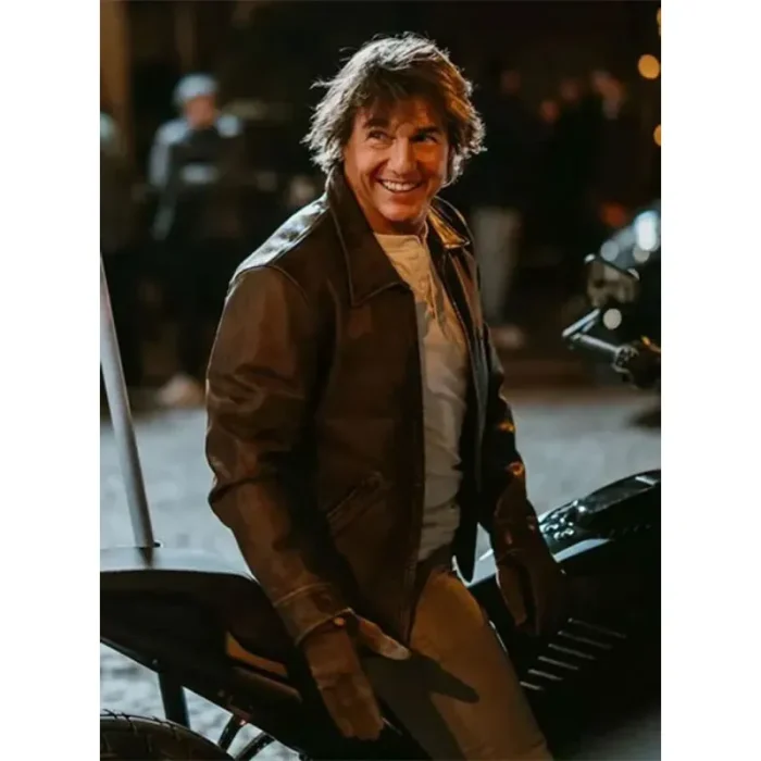 Brown Tom Cruise Mission Impossible Final Reckoning Zip-Up Collar Leather Jacket Front