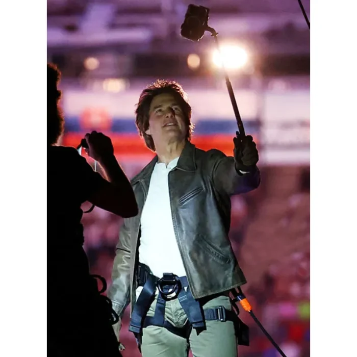 Brown Tom Cruise Mission Impossible Final Reckoning Zip-Up Collar Leather Jacket View