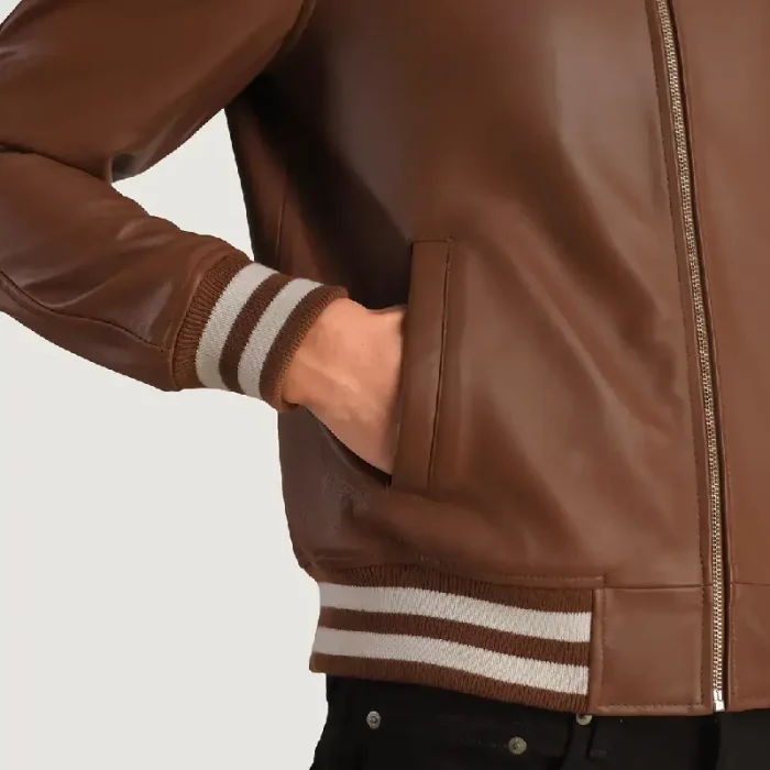 Brown Varsity Leather Jacket For Men Close Up