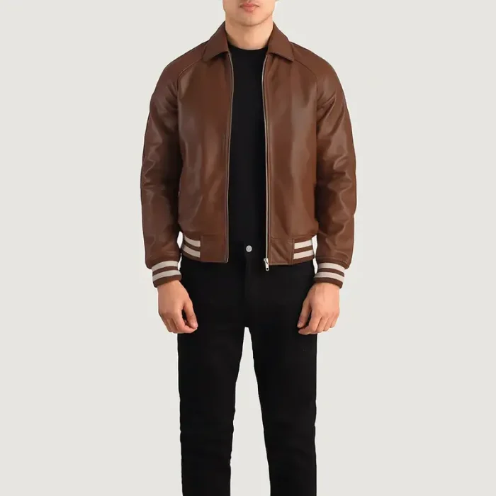 Brown Varsity Leather Jacket For Men Look