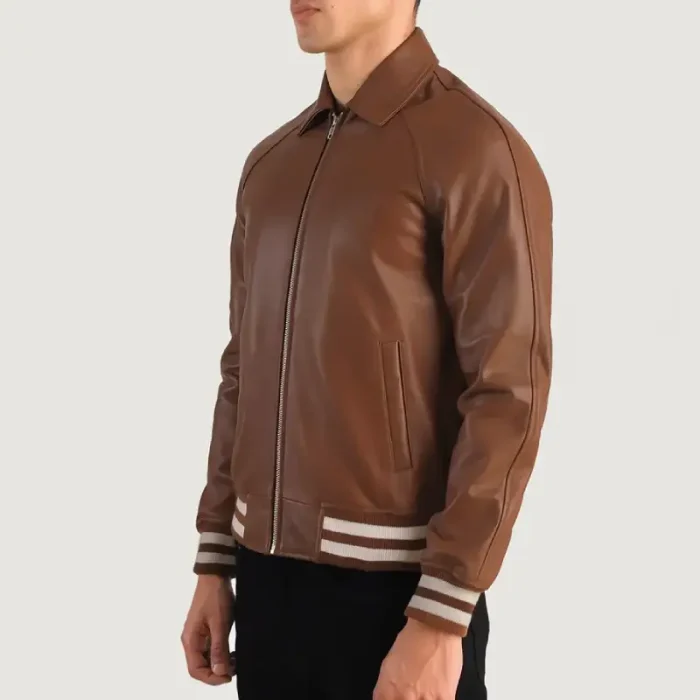 Brown Varsity Leather Jacket For Men Side