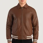 Brown Varsity Leather Jacket For Men Zip Up