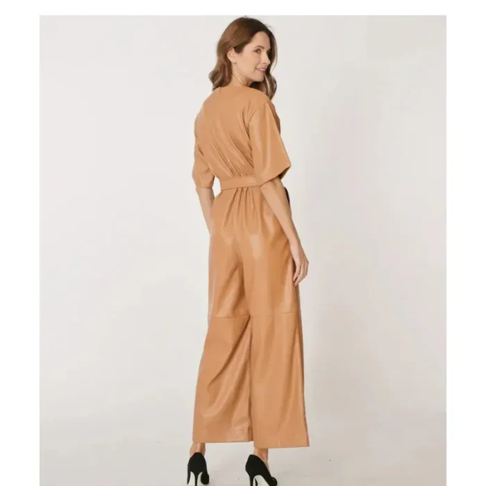Brown Women'S Collarless Leather Jumpsuit Back View