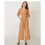 Women's Brown Collarless Leather Jumpsuit