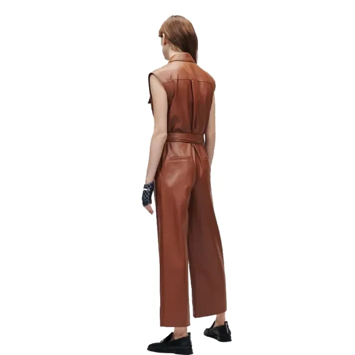 Brown Women'S Utility Real Leather Jumpsuit Back View