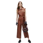 Women's Brown Utility Real Leather Jumpsuit