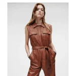 Brown Women's Utility Real Leather Jumpsuit wearing look