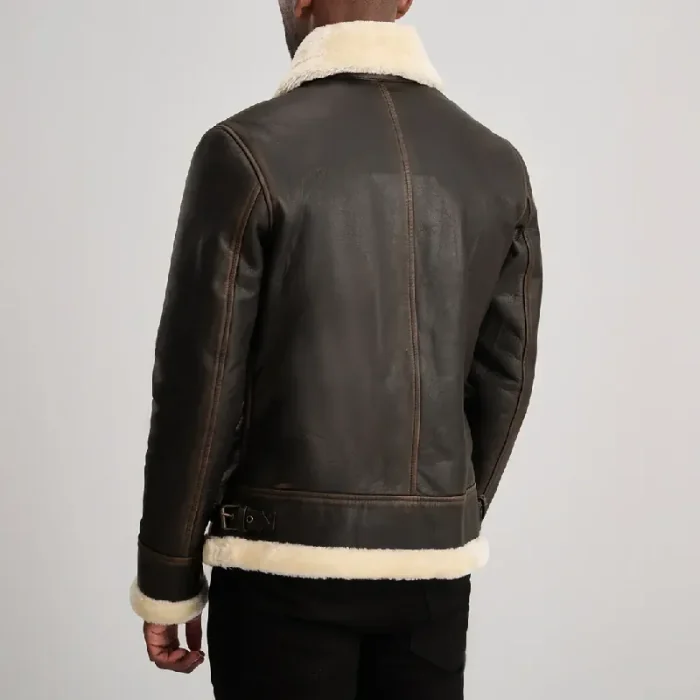 Men'S Brown/Cream Leather Bomber Zip-Up Jacket Back
