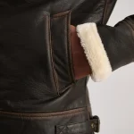 Men's Brown/Cream Leather Bomber Zip-Up Jacket Close