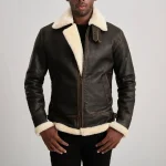 Men's Brown/Cream Leather Bomber Zip-Up Jacket Front