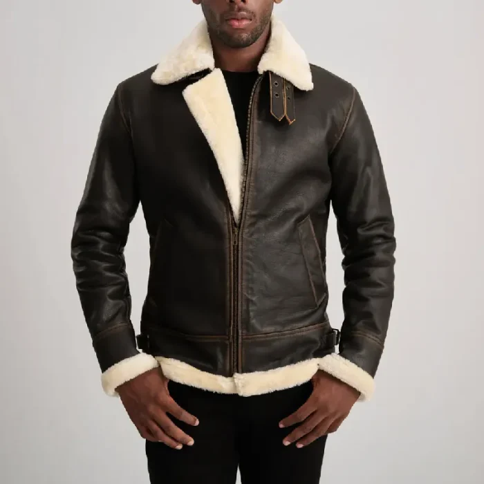 Men'S Brown/Cream Leather Bomber Zip-Up Jacket Front