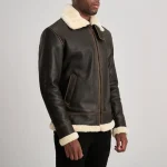 Men's Brown/Cream Leather Bomber Zip-Up Jacket Side