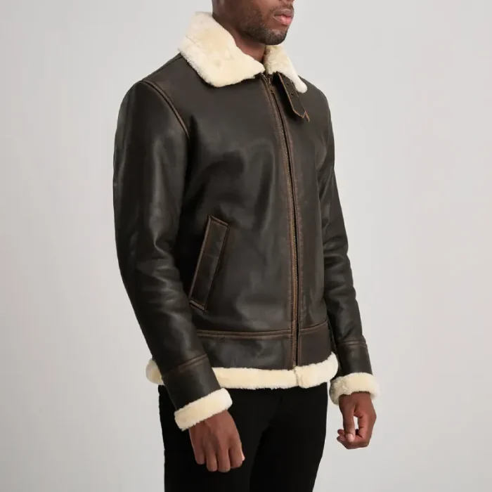 Men'S Brown/Cream Leather Bomber Zip-Up Jacket Side