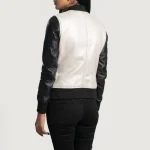 Women's Silver/Black Leather Zip-Up Bomber Jacket Back