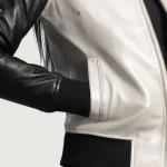 Women's Silver/Black Leather Zip-Up Bomber Jacket Close Up