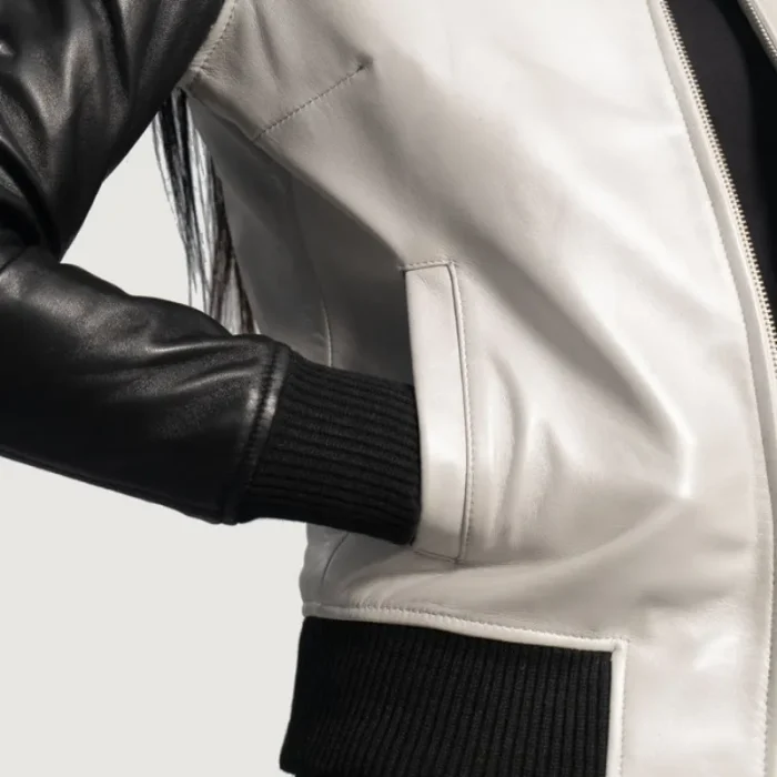 Women'S Silver/Black Leather Zip-Up Bomber Jacket Close Up