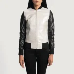 Women's Silver/Black Leather Zip-Up Bomber Jacket