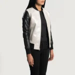 Women's Silver/Black Leather Zip-Up Bomber Jacket Side