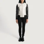 Women's Silver/Black Leather Zip-Up Bomber Jacket Wearing View