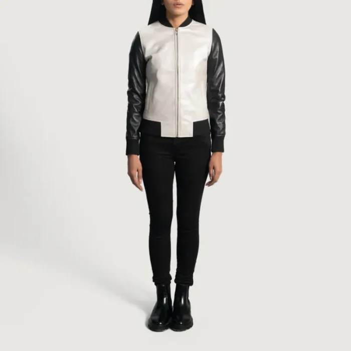 Women'S Silver/Black Leather Zip-Up Bomber Jacket Wearing View