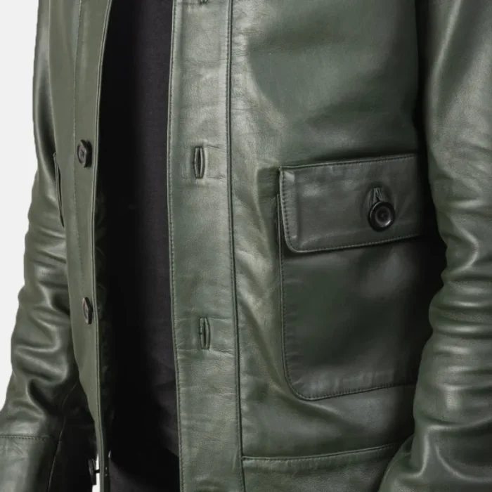Green Men'S Bomber Leather Jacket Close Up