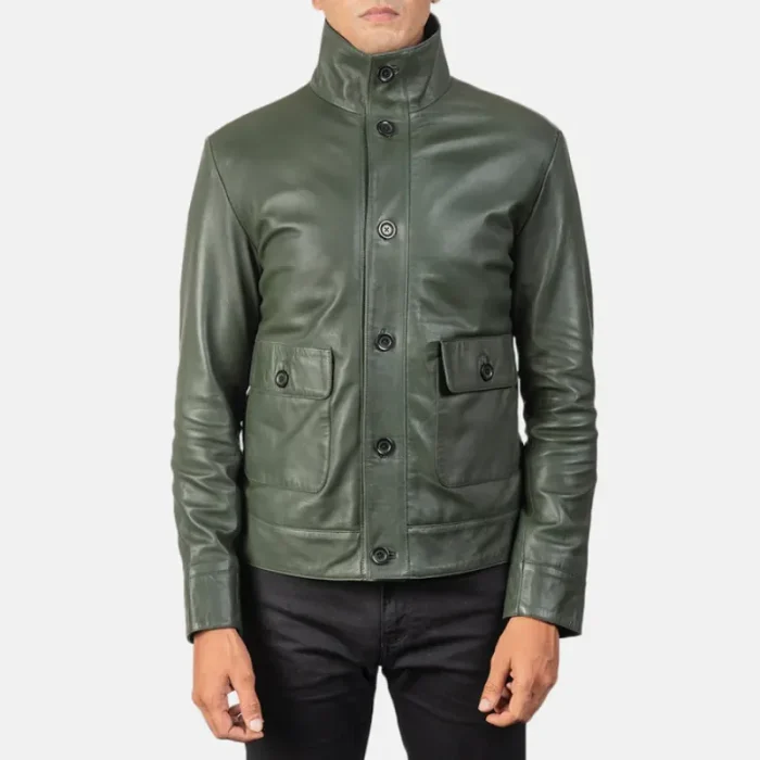 Green Men'S Bomber Leather Jacket Front