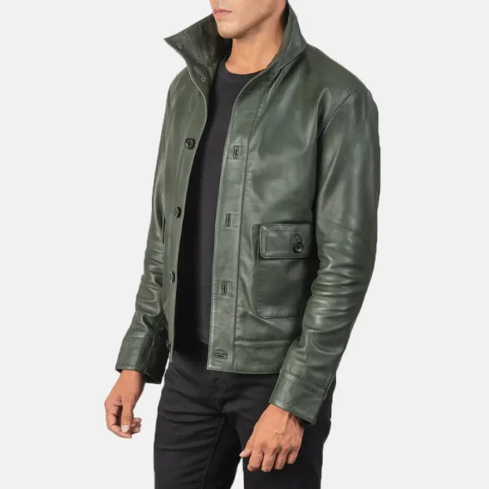 Green Men'S Bomber Leather Jacket Side