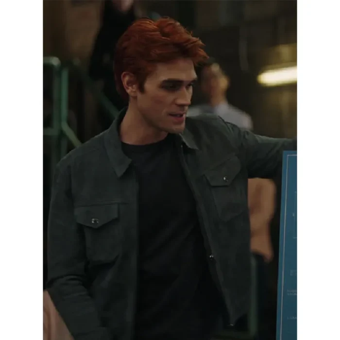 Green Kj Apa Riverdale Zip-Up Leather Jacket With Shirt Collar View