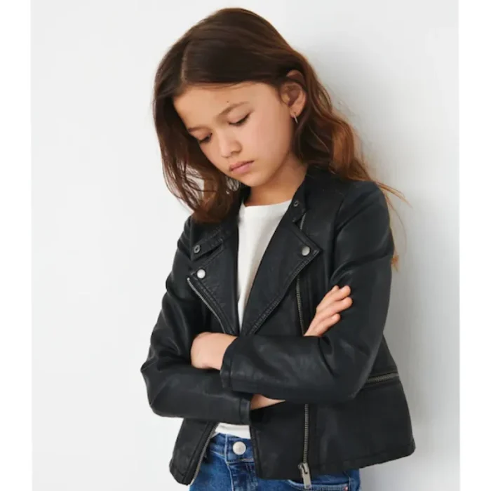 Girl'S Black Faux Leather Biker Jacket Wearing Look