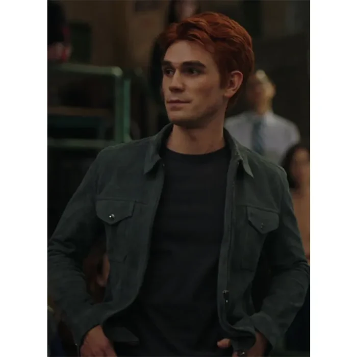 Green Kj Apa Riverdale Zip-Up Leather Jacket With Shirt Collar Side