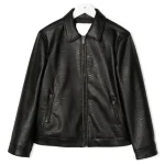 Kid's Black Faux Leather Collared Zip-Up Jacket