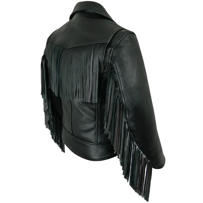 Ladies Black Cowhide Leather Fringed Jacket Back
