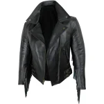 Ladies Black Cowhide Leather Fringed Jacket Open View