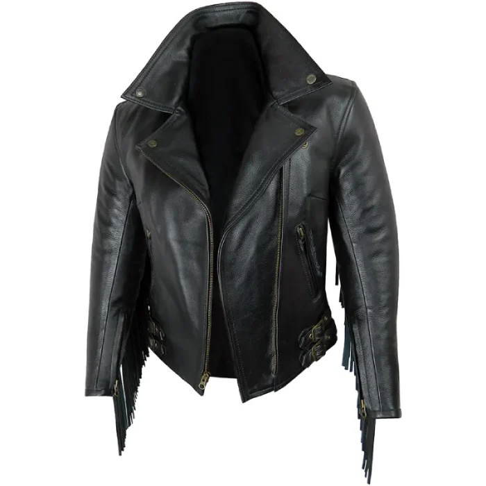 Ladies Black Cowhide Leather Fringed Jacket Open View