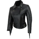 Ladies Black Cowhide Leather Fringed Jacket Zip-Up View
