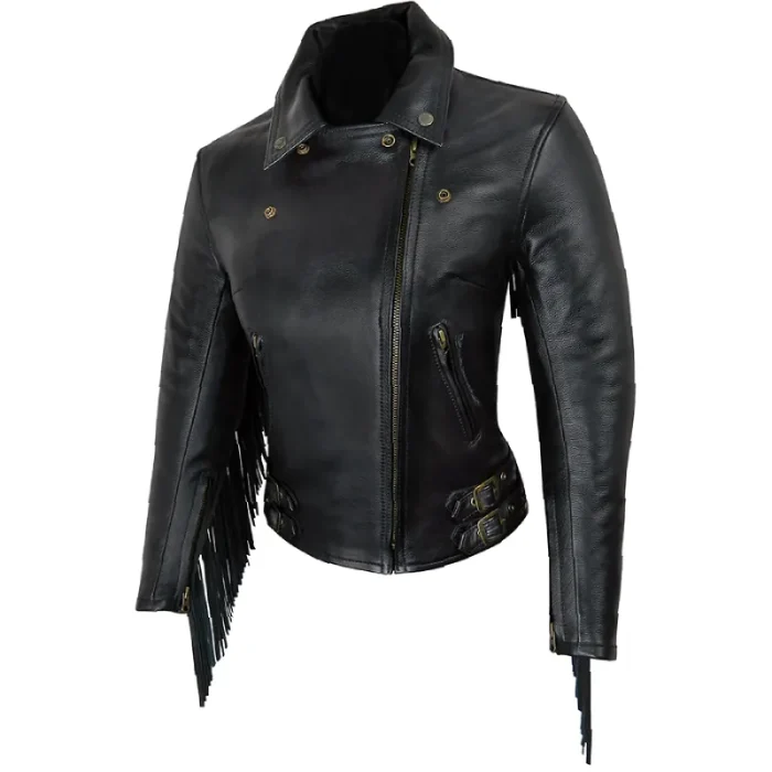 Ladies Black Cowhide Leather Fringed Jacket Zip-Up View